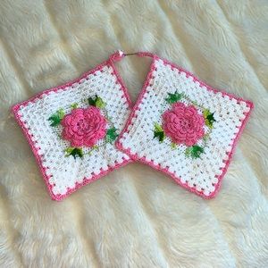 Hand crafted CROCHET 3D pink roses fancy pot holders cottage core